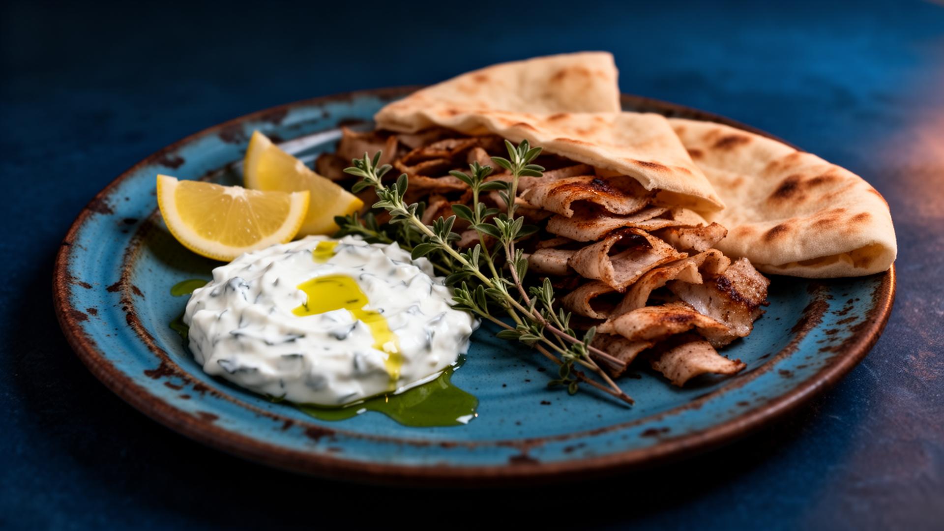 Gyros mit Tzatziki und Pita auf blauem Keramikteller